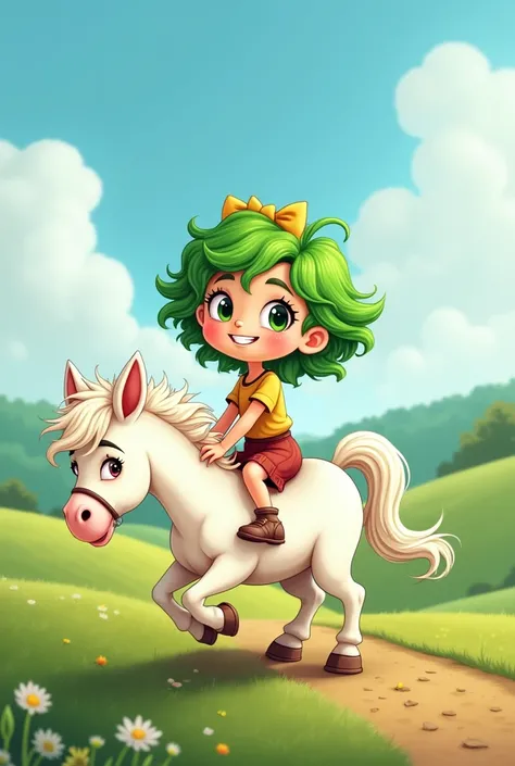 Une fille au cheveux vert sur un tout petit poney blanc. Le poney nest pas assez grand et les pieds de la fille touchent le sol. Le poney est triste. Style cartoon