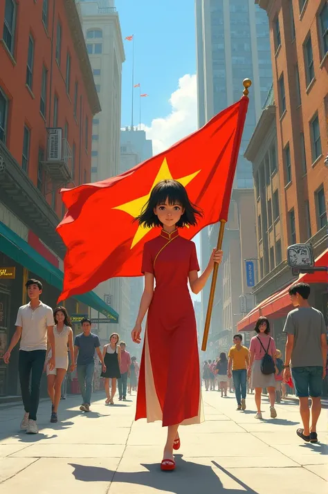 Drawing of a girl holding a Vietnamese flag walking on an American street