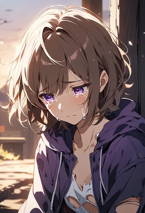 Anime Style, woman,Brown Hair, Short Hair, Purple eyes, 20-year-old youth, Torn clothes, sad, Crying, Alone