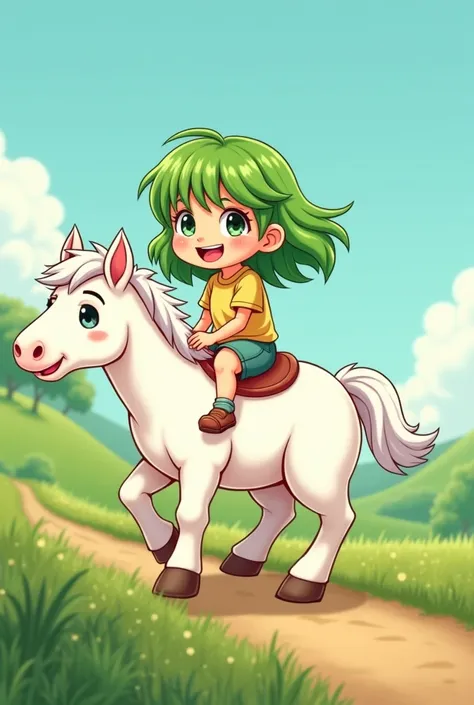 Une fille au cheveux vert sur un tout petit poney blanc. Le poney nest pas assez grand et les pieds de la fille touchent le sol. Le poney est triste. Style cartoon