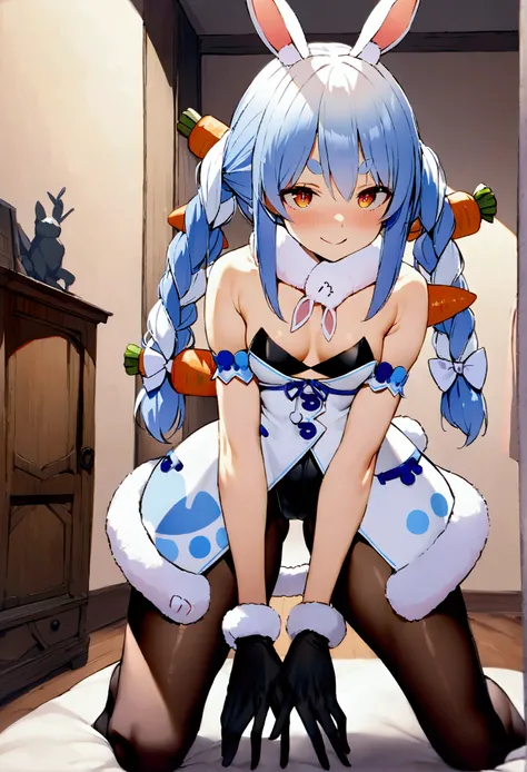 NSFW,masterpiece,Best Quality,High resolution,Very detailed,One girl,,Usada Pekora(Hololive),Orange eyes、Thick eyebrows、Bunny ears、Two-tone hair、Blue Hair、White Hair、Long Hair、Twin Blade、Hair accessories、Fur collar、White Dress、Fur-trimmed dress、Exposed sho...