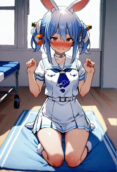 NSFW,masterpiece,Best Quality,High resolution,Very detailed,One girl,Usada Pekora(Hololive),Orange Eyes、Thick eyebrows、Bunny ears、Blue Hair、Short Hair、Two Side Up、Hair Clip、White choker、Sailor suit、Short dress、Short sleeve、Blue neckerchief、White belt,Schoo...