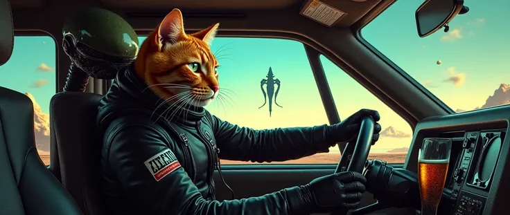 orange tabby cat at the controls of a space salvage land rover, xenomorph co-pilot, surface of strange alien planet, Mario Bava design, cyberpunk style, steampunk, cat in black leather space suit, xenomorph has a beer and cigarette, dark outside space ship...