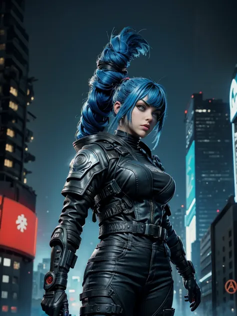 /imagine a cyberpunk warrior painted with lines and brush strokes., dressed in leather clothes, blue hair, her face is painted w...