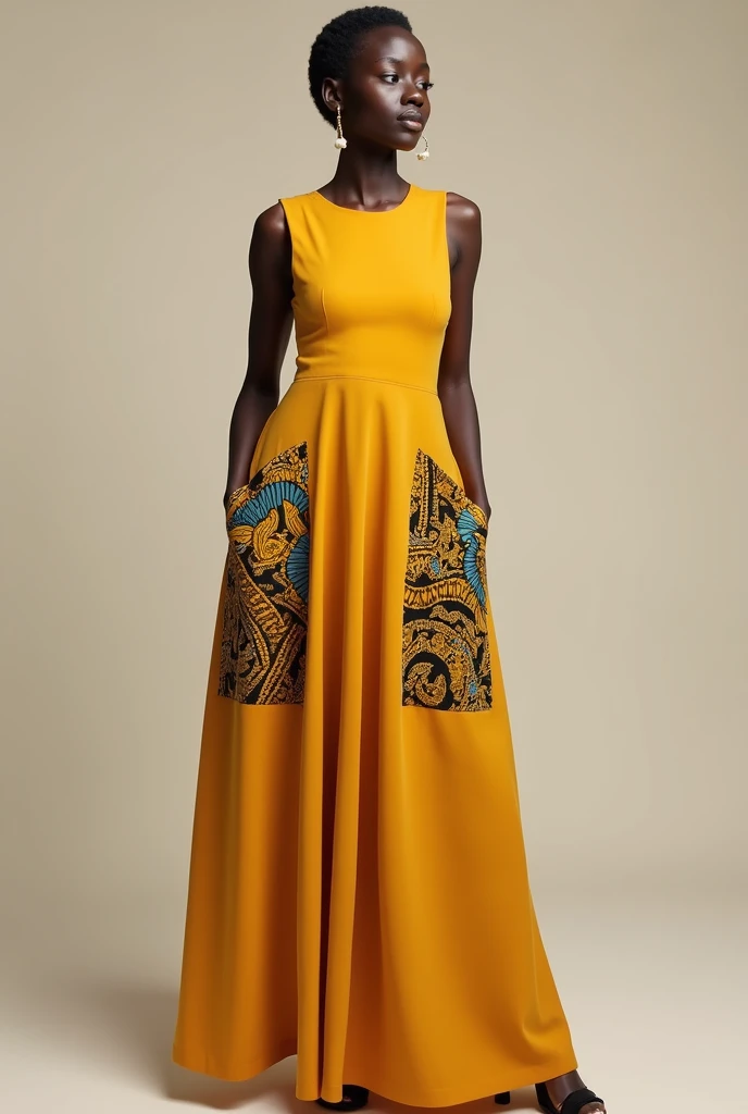 long dress, sleeveless, mustard color, with large side pockets in African print fabric, front of the dress in African print fabric