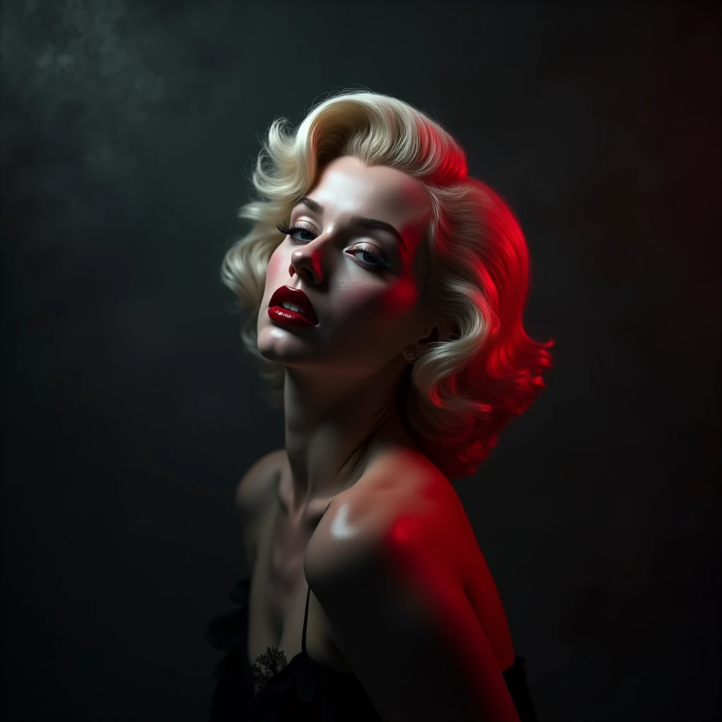 Marilyn Monroe in a gothic romantic style, with dark, moody tones, dramatic lighting, and an air of mystery and drama. Hyper-realistic photo, vibrant colors, 16k.