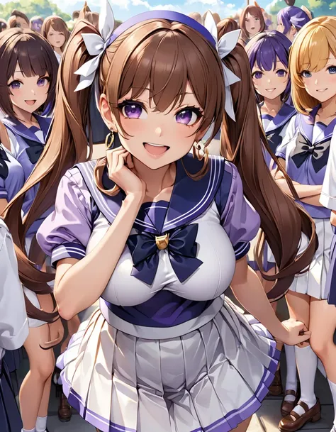 Absurd, High resolution, Ultra-detailed smile,Open your mouth,Standing, Watching the audience,Tracen School Uniform, Summer uniform, Seraphim, Puff short sleeves, bow tie, Horseshoe ornament, Sailor collar, Sailor shirt, Frills, White Skirt, Purple Shirt, ...