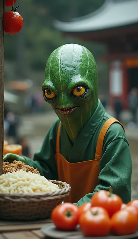 Cucumber-headed supernatural creature humanoid selling food at a food stall　clerk　Japanese Shrine Festivals　Looking at me with a creepy expression　Creepy　Japanese Horror　Ruins in the mountains of Japan　Wearing clothes　4K 8K Realistic　Masterpiece