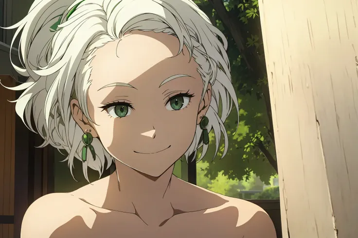 girl. ((white hair)). ((green eyes)). hairstyle. earrings. open shoulders. forehead, medium forehead, smiling,
