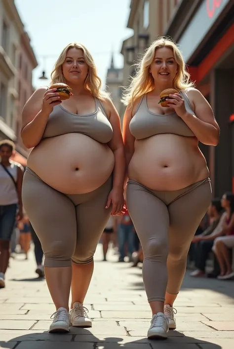 beautiful overweight 2 woman with pale skin, dyed blonde hair, bloated, wearing leggings that are too tight, stretched, exposing her tummy and love handles, eating a burger with one hand while rubbing her soft chubby belly with the other hand, walking on a...