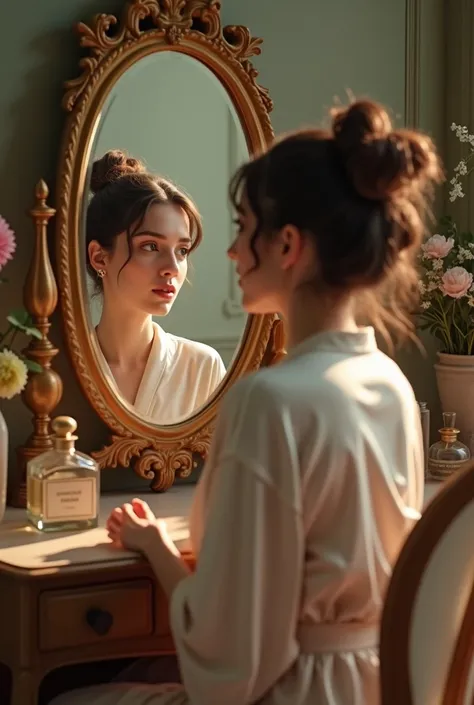 (Photorealism:1.2), a woman seated at a vintage vanity mirror, wearing a satin robe, sunlight catching her reflection, soft fabric against her skin, the room adorned with fresh flowers, antique perfume bottles scattered, an air of romantic nostalgia, intim...