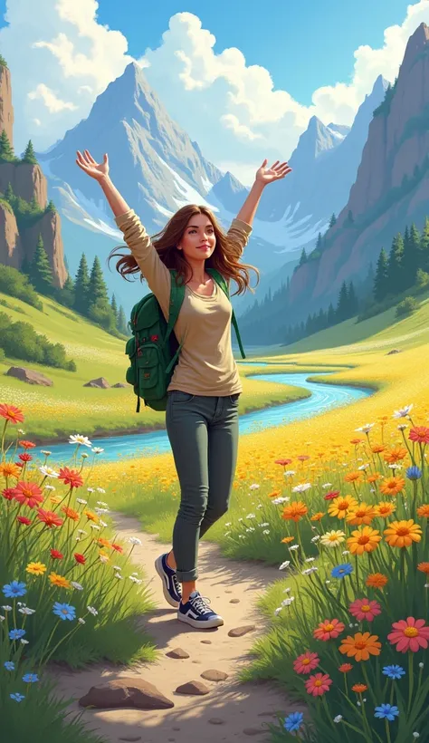 A young woman with long brown shoulder-length hair, standing with her arms raised, wearing sneakers, a long-sleeved shirt, long hiking pants, and a green backpack, standing in the middle of a field of flowers, mountains, and a river. Character design, illu...