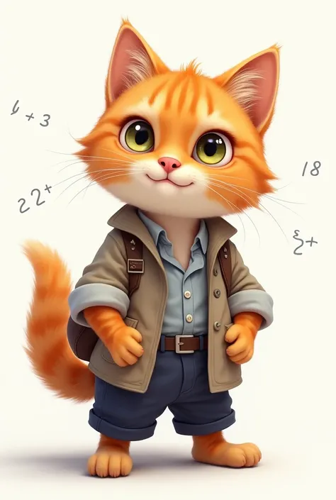 Il y a un petit chat orange portant un uniforme, Vêtements décontractés, adorable peinture numérique, background white,Photographie commerciale de jouets, fully clothed, style photoréaliste, peinture ultra-réaliste, Super Math Wizard Cat, Chat intelligent,...