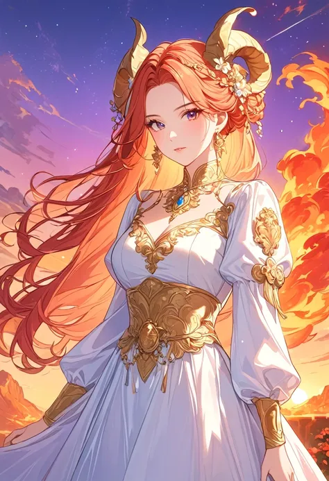 (absurdres, highres, ultra detailed), 1girl, zodiac sign - Aries goddess , solo, mature, Baroque, long dress, long sleeve, elegant, colorful, highest detailed, upper body , sunset hair . Fire eyes . Brave, willful, productive, enterprising humanitarian fac...