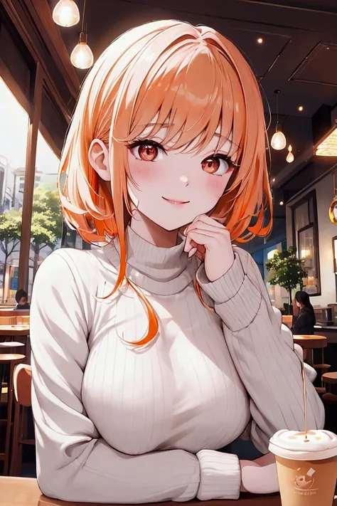 （masterpiece、high quality、Details、４k, 8k)、A beautiful girl around 20 years old with eyes looking up、Slender、White skin、Sharp jawline、Beautiful detailed eyes、Light orange short hair、smile、Wearing a big fluffy white knit、Cute date outfits、Drinking coffee at ...