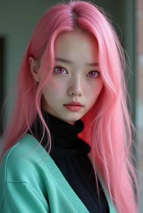 Long straight hair in pink color, pink eyes, black blouse, aqua green sweatshirt