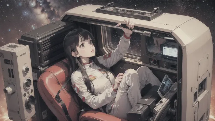 universe space、A beautiful woman is looking up into space、Cool vibe、Dressed in a red space suit、There is an old cassette radio nearby.、There&#39;s a spaceship nearby、You can see colorful planets、Old American atmosphere