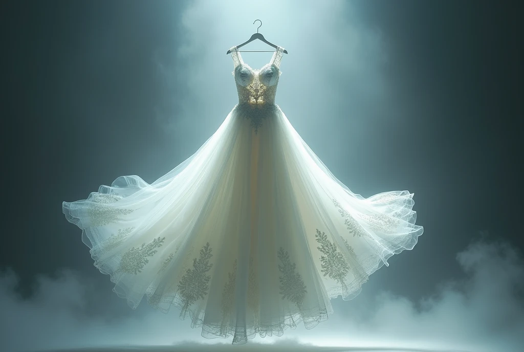 A floating, almost see-through wedding dress、No person、No background