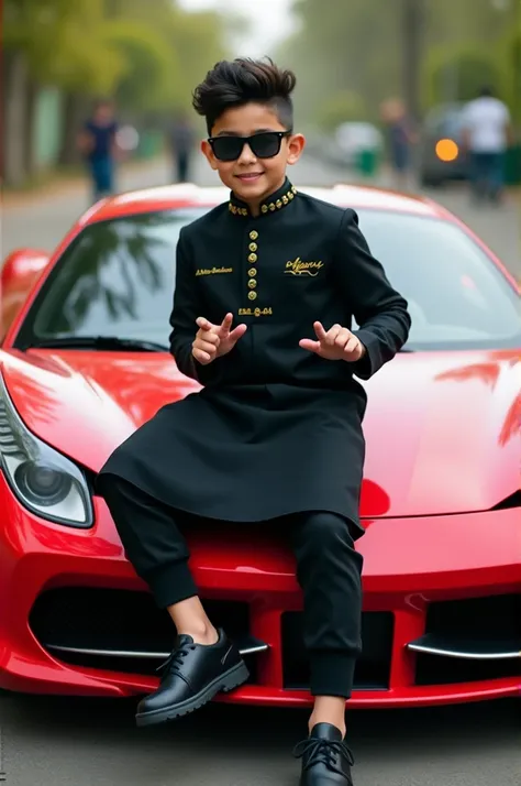 The image depicts a 30 year old boy sit on a farrari sports car confidently down a street. He is wearing a black traditional outfit with the name "AbuBakar Mughal" written across the chest. The boy is accessorized with black sunglasses and stylish hairs . ...