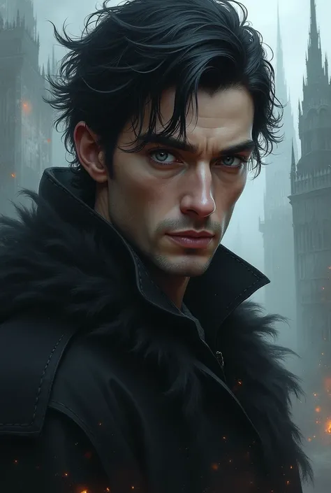 Black haired man with gray eyes in fantasy world 