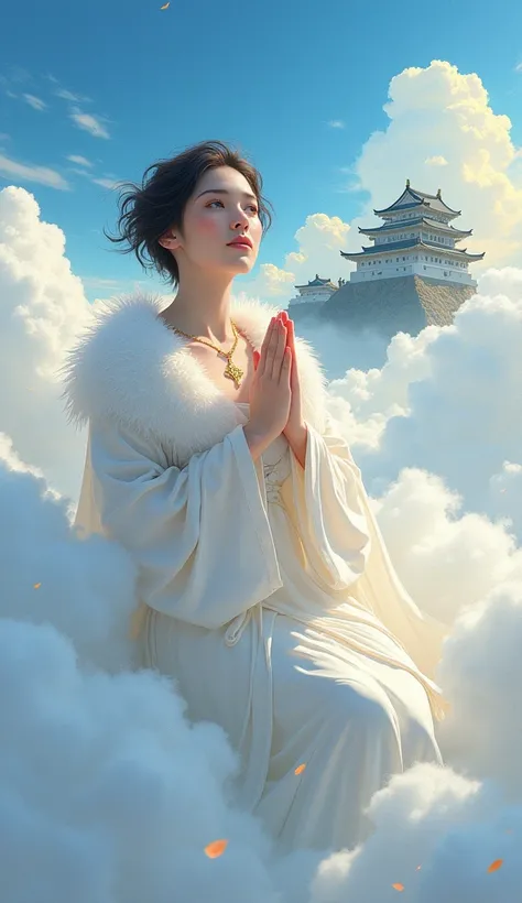 A heavenly maiden wearing a feather robe floats in the sea of ​​clouds above, offering a prayer. The woman, of mixed European and Asian descent, has short hair, beautiful white skin, a beautiful long face, wide eyes, thin eyelashes and a well-shaped mouth,...