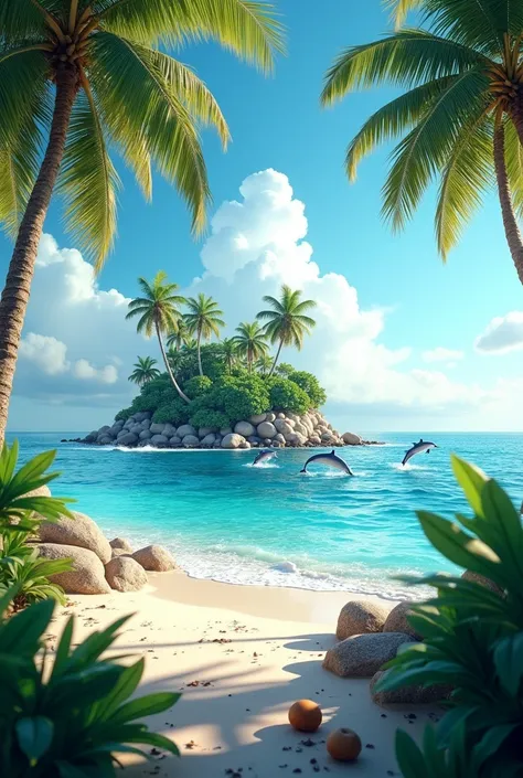 A small island with coconuts standing by the sea with dolphins jumping off the sea