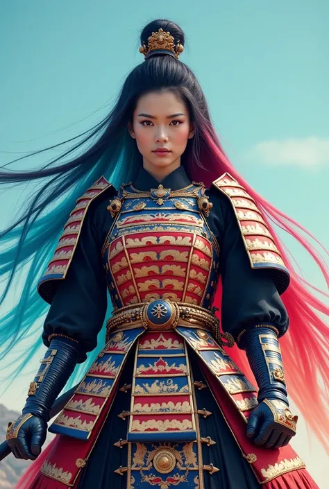 Japanese samurai women,cool amazing armour,highly colour design,strips and string rops,shape,(masterpiece),(highest quality),8k,hd,long ombre yellow back,two colour mixed ombre hair,clear sky background,