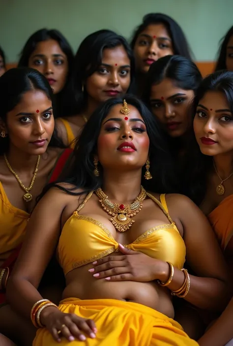 Full body view of a 35 years busty sexy tall and big curvy indian wife, looking like indian actress {{{Nayantara}}}, wearing only shining transparent yellow silk bra , dark skin tone, beautiful face, red lips, clean skin, {{Nayanthara face}}} ,  huge breas...