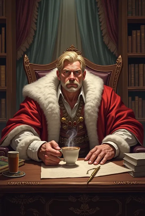 A muscular, blond king sitting at the desk with a coffee cup in his hand 