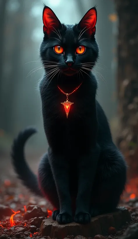 a black cat with red accents, a golden pendant, black aura swirling around, detailed feline anatomy, realistic fur texture, penetrating eyes, chiaroscuro lighting, dark fantasy, dramatic contrast, moody atmosphere, cinematic composition, intricate details,...