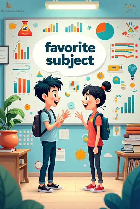 Two people talking, students, cartoons, infographics, Thai people, the word favorite subject in the middle of the image, engineering