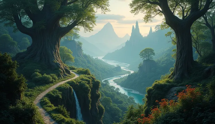 Broader horizons，dusk，Ancient Forest，Surrounded by giant plants，Fairy tale world，Lush grass，Giant trees，远处中心Wetlands，、Small waterfall,A road，There are huge and dense ancient green vegetation on both sides., 散布着各种Giant trees. This forest is covered with lar...