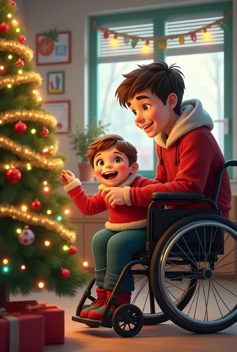 Mentally challenged teenage child and child in a wheelchair celebrating Christmas in school 