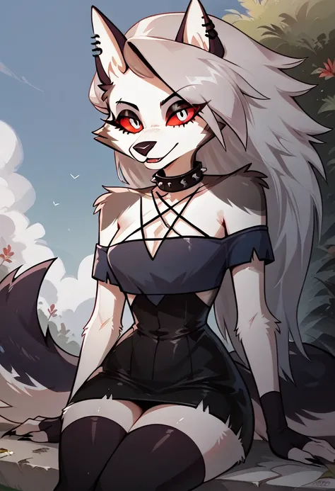 score_9, score_8_up, score_7_up, ultra quality, 1girl, 1girl, solo, red eyes, Loona, Loona (Helluva Boss), furry, thigh highs, fingerless gloves, anthro, black and white hellhound girl, two tone fur, white hair, white animal ears, animal nose, red eyes, bl...