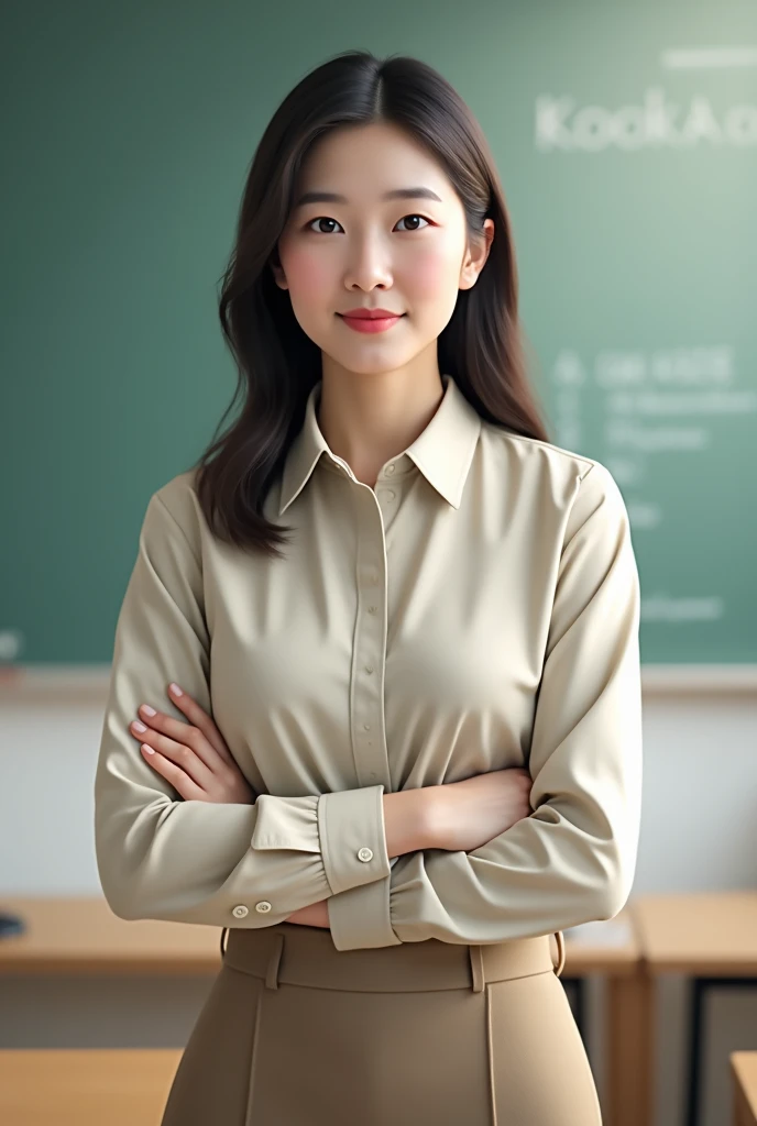 Korean female teacher wearing long-sleeved civil servant shirt