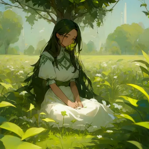 (masterpiece, best quality:1.1),1 woman sitting in a field of green plants,warm lighting, blurry foreground
