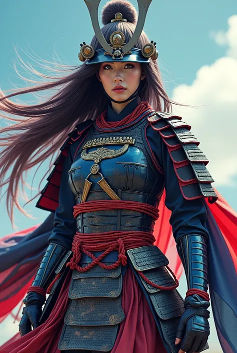 Japanese samurai women,cool amazing armour,highly colour design,strips and string rops,shape,(masterpiece),(highest quality),8k,hd,long hair,two colour mixed ombre hair,clear sky background,unique armour design, beautiful woman, obsidian eyes,kimono, hair ...