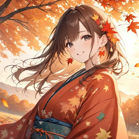 anime、((Amazingly absurd)),(masterpiece:1.2),超High resolution, Attention to detail, high quality, High resolution, 最high quality, 4K, 8k、One woman,Wearing a kimono,Kimono with autumn leaves pattern,Long-sleeved kimono,Red and Yellow,Like autumn leaves,Dres...