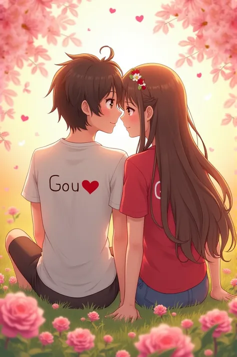 Two anime couples, are sitting together on a field of pink flowers. They are wearing pink and white tishart with hearts on them and their names "Golu" and "Gita" written on them. The boy are smiling and looking at each other. The boy on the left is wearing...