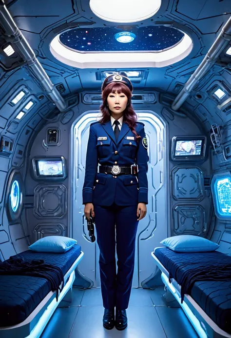 (((( japanese woman wearing1980 japan police officer )))), with flowing hair on a realistic futuristic space station)), ((sleepi...