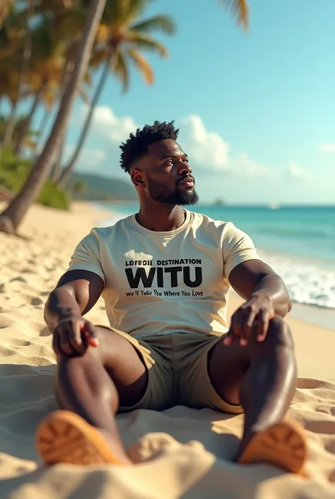 A black skin man sitting on the beach facing the sea. On his back t-shirt a writing says Travel Destination Witu and slogan says "Well take you where you love"