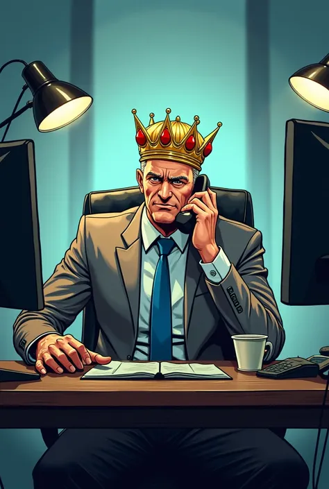 Boss with crown, Desk light, coffee cup, blond without beard, manga, handy 3 monitore, stressed on the phone 