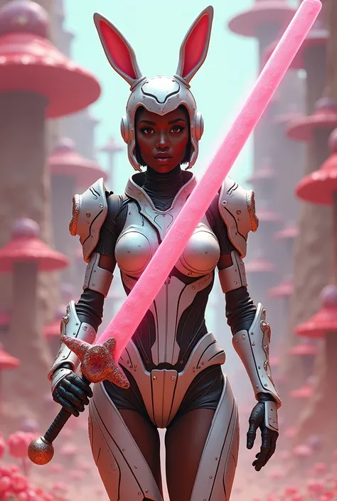 African female bunny armor robot wielding fantasy candy sword 