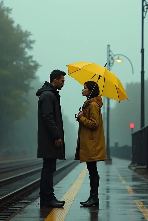 Man met girl holding yellow umbrella at railway platform  with lightpole in background and slightly raining seeing front 