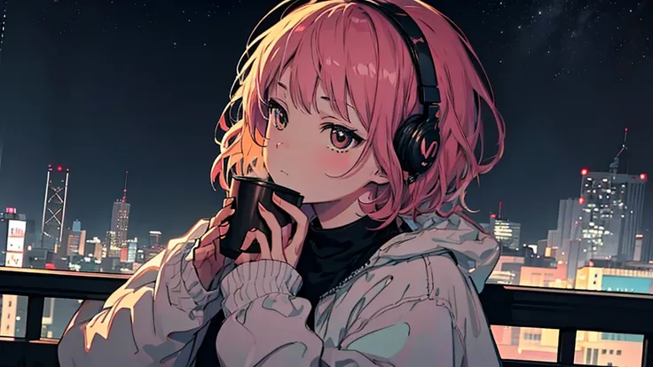 A girl drinking hot coffee while listening to jazz music through headphones, Watching the night sky from the balcony, alone, Lofty Girl, Lo-fi Art Style, Lofty Girl aesthetic, By Gairan, anime aesthetics, relaxed mood, lo-fi illustration style