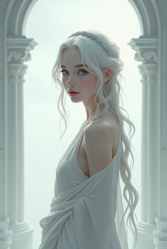 A beautiful 1 girl,pretty face, young girl delicate face,fine features pale skin,High resolution, masterpiece, necessary, White hair, breasts,white eyes,blush, Silhouette ((She is wearing a silver tunic and a matching silver headband. She is in a white tem...