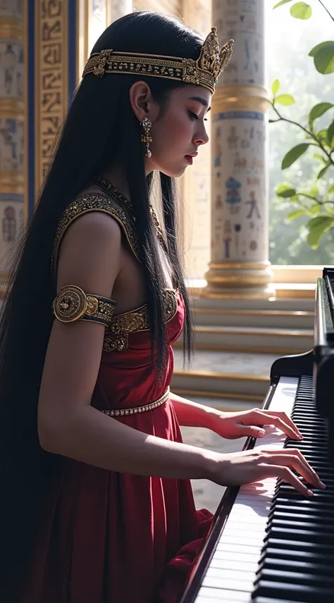 anime、Image of a young princess playing a song on a grand piano in an Egyptian palace、egyptian art、Yumei、Qiyana、Inspired by Taliyah、Epic music album covers、The band&#39;s name is Trip Machine、Heavy Metal Style、Girl、Whitening、