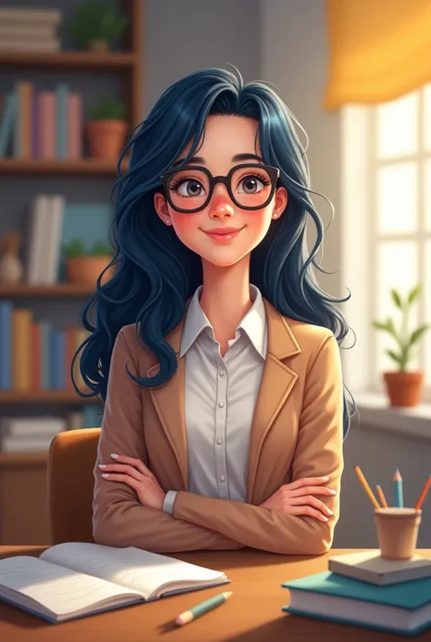 Create a drawing of a cute teacher with square glasses and long dark blue hair in png