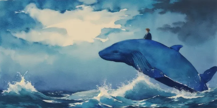 Watercolor Painting, A human being who is a young prince, Prince of the Sea, Sad blue eyes, Standing on the back of a large whale swimming in the moonlit sea.