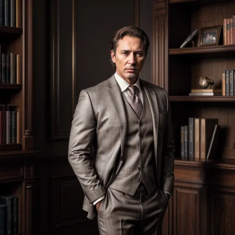 a 40 year old male professor,brown hair,brown eyes,wearing a grey suit,standing in a room,lost in deep thought,(best quality,4k,8k,highres,masterpiece:1.2),ultra-detailed,(realistic,photorealistic,photo-realistic:1.37),highly detailed portrait,chiaroscuro ...